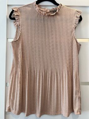 Adrianna Papell Polka Dot Blouse Womens M Pink Ruffle Neck Sleeveless Top